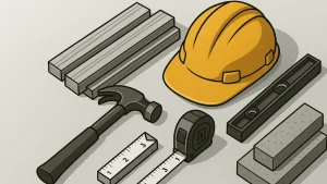 建設用ヘルメットと工具が並ぶイラスト風のグレーカバー画像